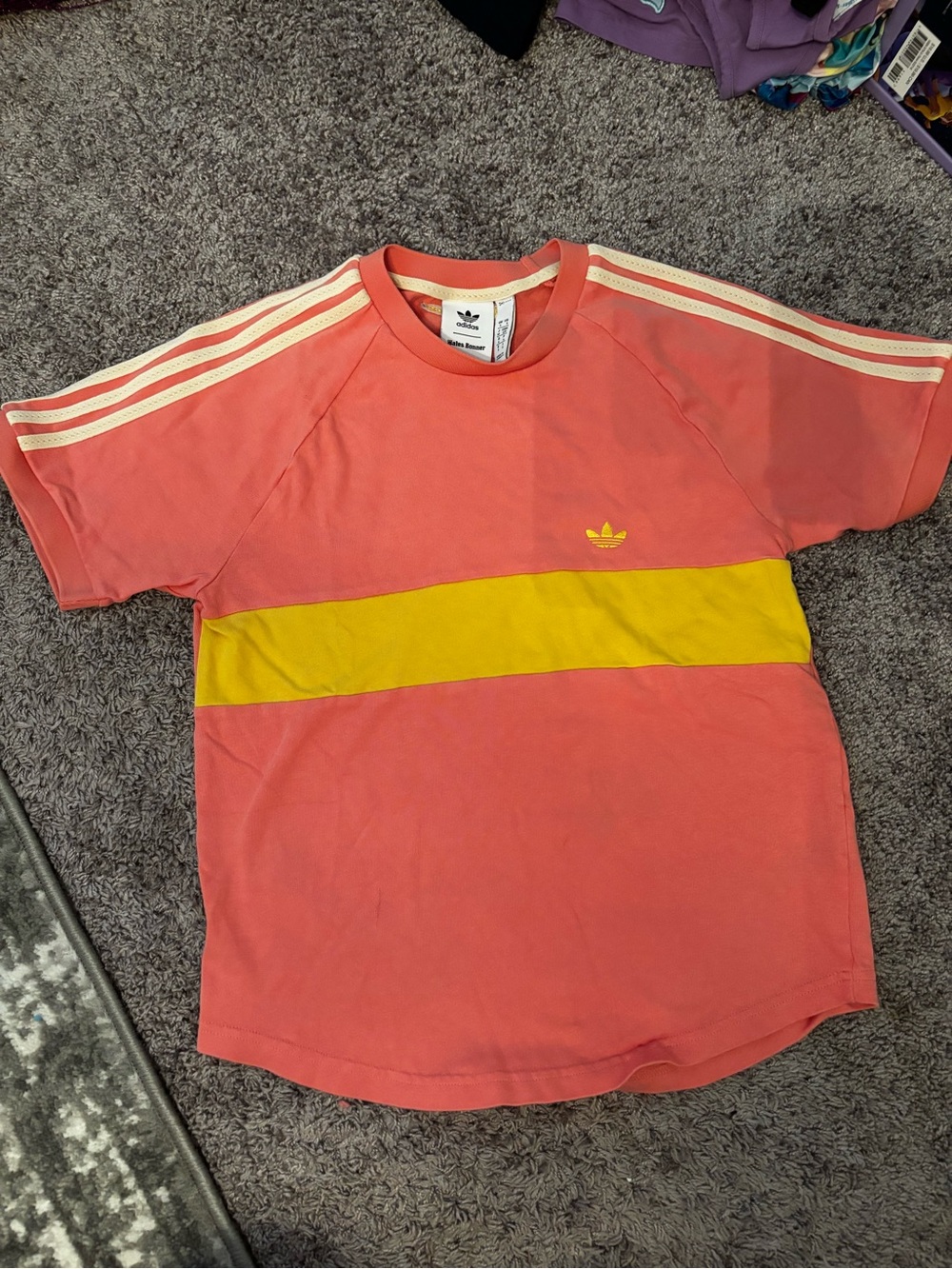 adidas Coral Tee with Yellow Chest Band and Beige Shoulder Stripes